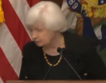 US Treasury Department sign falls off podium when Yellen is asked how concerned she is about the US dollar’s reserve currency status